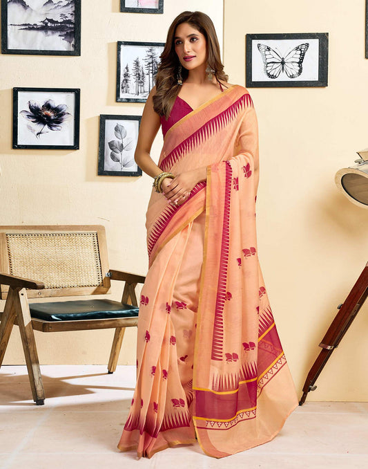 Ready To Wear Peach Linen Printed Saree