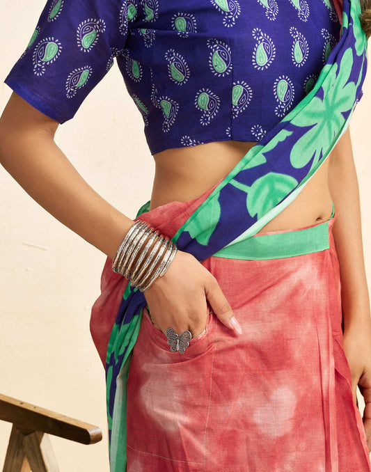 Ready To Wear Red Cotton Printed Saree With Pocket