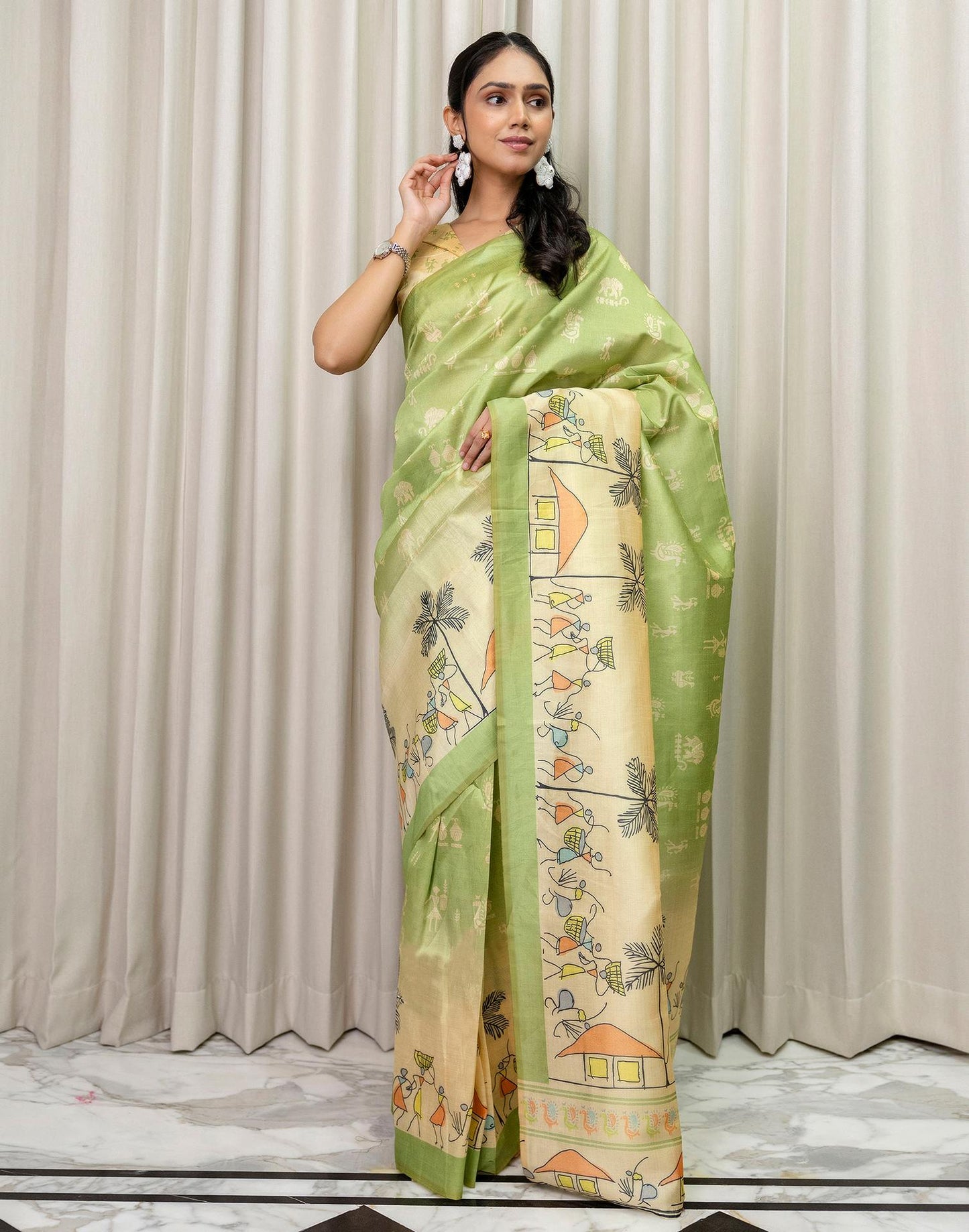Ready To Wear Parrot green Silk Printed Saree