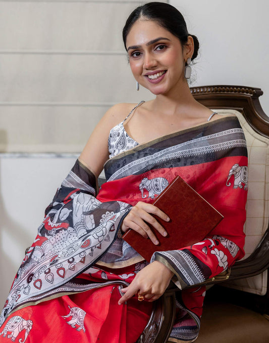 Ready To Wear Red Linen Printed Saree