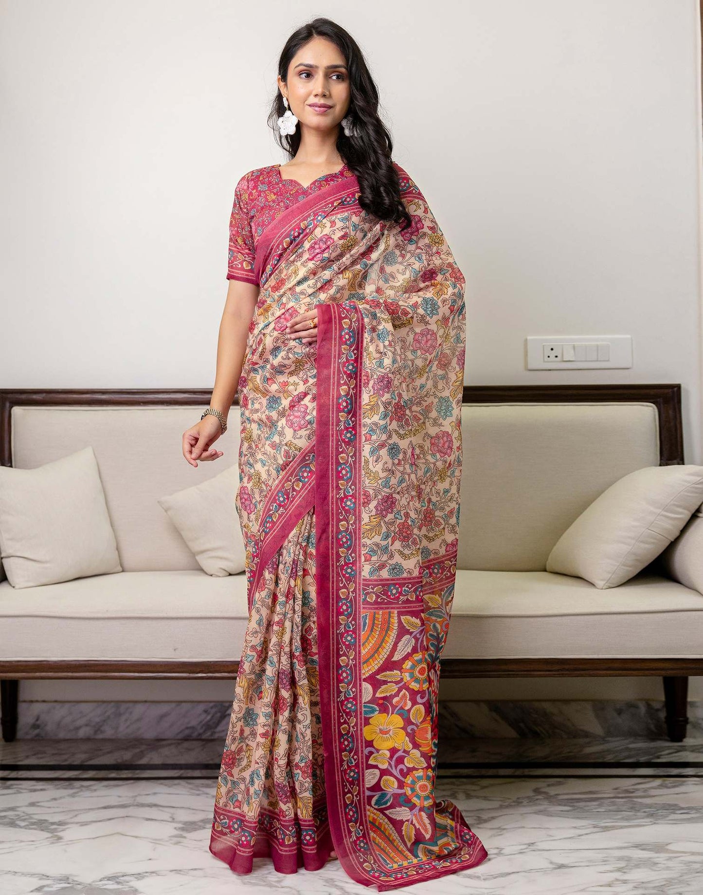 Ready To Wear Peach Linen Printed Saree