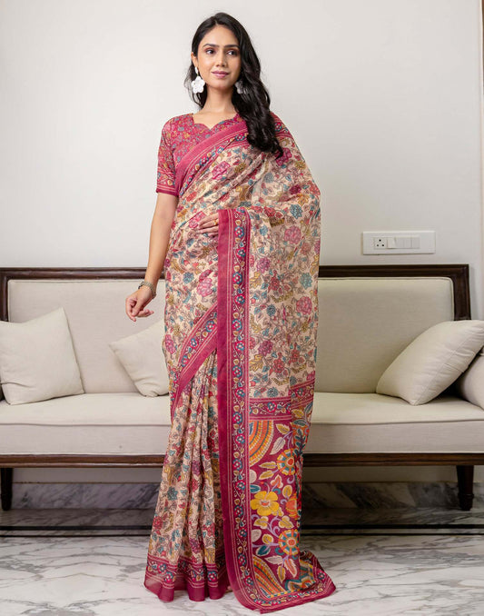 Ready To Wear Peach Linen Printed Saree