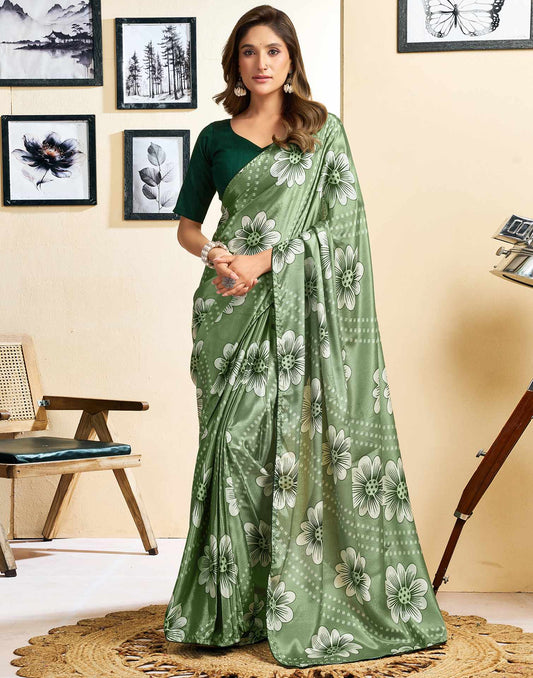 Ready To Wear Sage Green Chinnon Floral Printed Saree