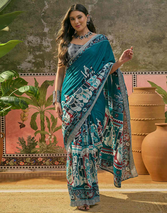 Ready To Wear Teal Blue Cotton Printed Saree