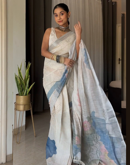 Ready To Wear Beige Cotton Printed Saree